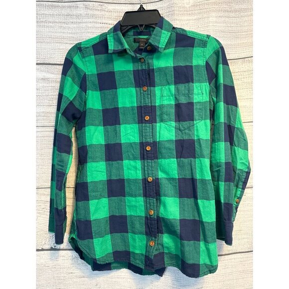 J. Crew Green & Navy Plaid Button-Down Shirt Size 0P - Picture 1 of 3